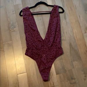 NWT LARGE MAROON FLORAL LACE PLUNGE TEDDY
